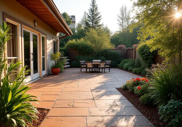 Beautifully renovated backyard featuring elegant paver patio and thoughtfully arranged plant beds