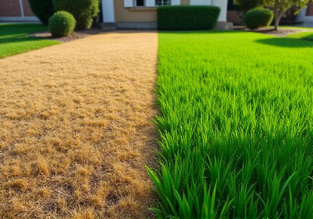 Before and after transformation of a parched, unhealthy lawn to a vibrant, lush green expanse through dedicated restoration efforts