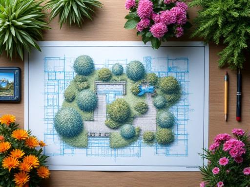 Detailed sketch of a landscape plan laid out with vibrant planted flowers and shrubs