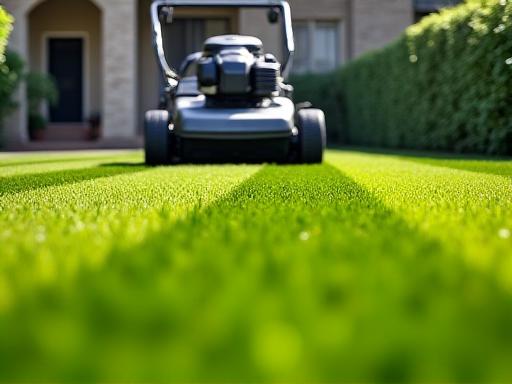 Professional lawn mower creating neat stripe patterns on a lush green lawn
