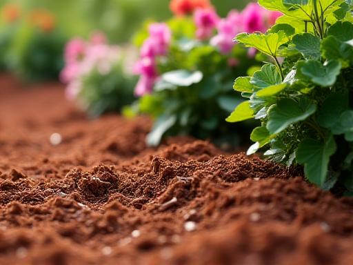 Freshly spread red mulch enhancing the appearance and health of a meticulously maintained flowerbed