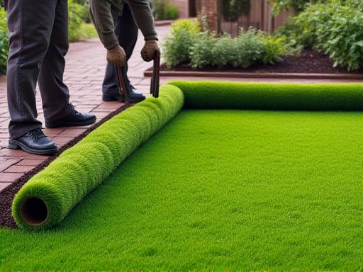 Expertly laying down rolls of fresh, vibrant green sod to create an instant lawn
