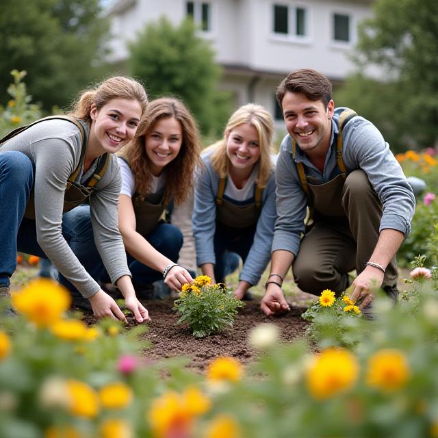 CLS Landscaping team members working diligently on a residential garden, planting flowers with a smile